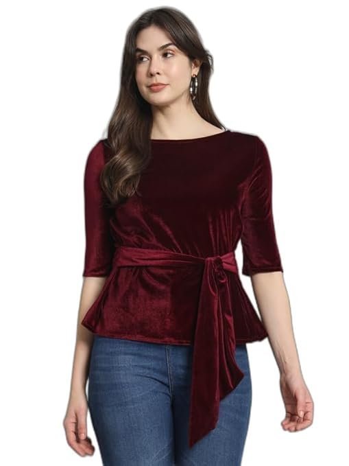 Party Top for Women with Front Tie Waistband | Shiny Velvet Half Sleeeves Stylish Outfit