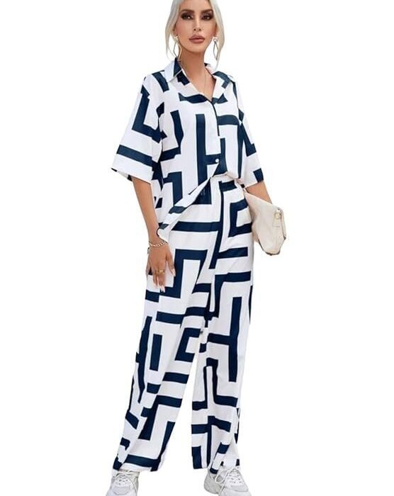 Chic Women's Half Sleeve Shirt Collar Fort Open Top Co-Ords Set - Modern Geometric Print