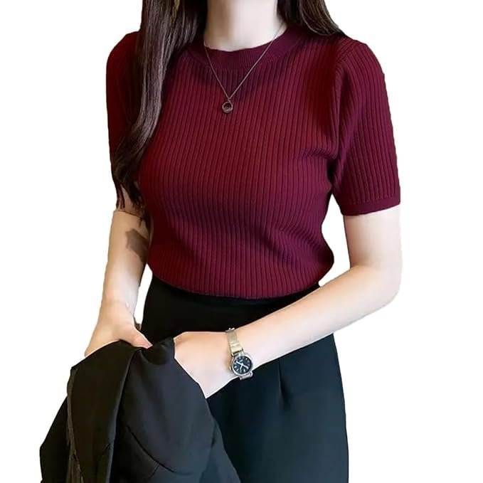Slim Fit Plain Stretchable Round Neck Rib Knit Short Sleeve Regular Top for Women | T Shirt | Tee