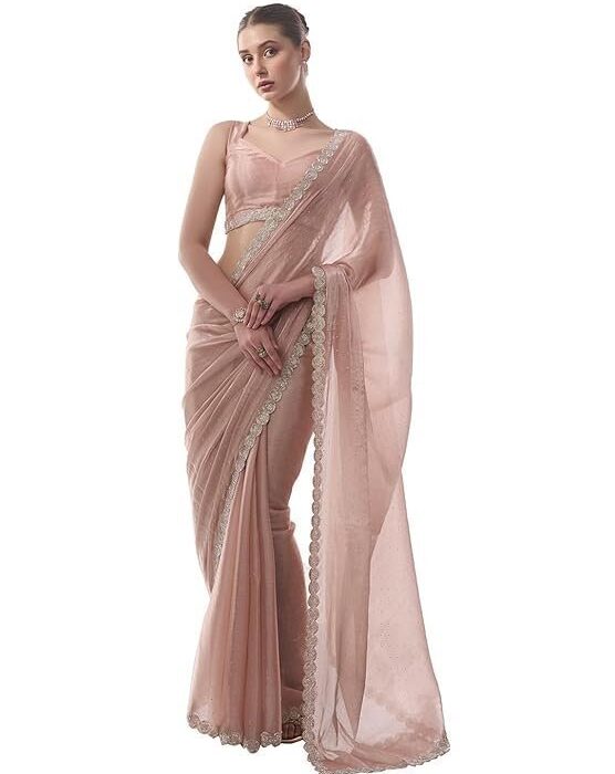 Women's Chiffon All Over Fix Diamond & Lace Work Saree With Art Silk Matching Unstitched Blouse Piece