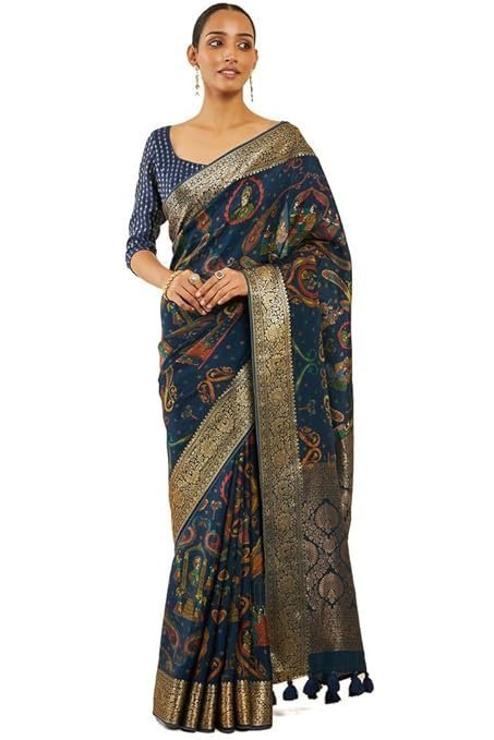 Womens Navy Blue Crepe Saree With Ethnic Print And Zari Borders