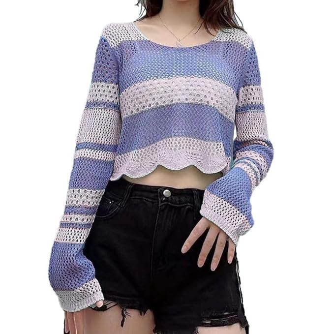 Women's Korean Style Knitted Sheer Crochet Long Sleeve Hollow Out Colour Block Print Crop Top T-Shirt