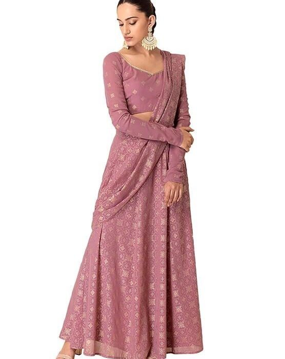Women Pink Foil Print Kalidar Pre-Stitched Saree