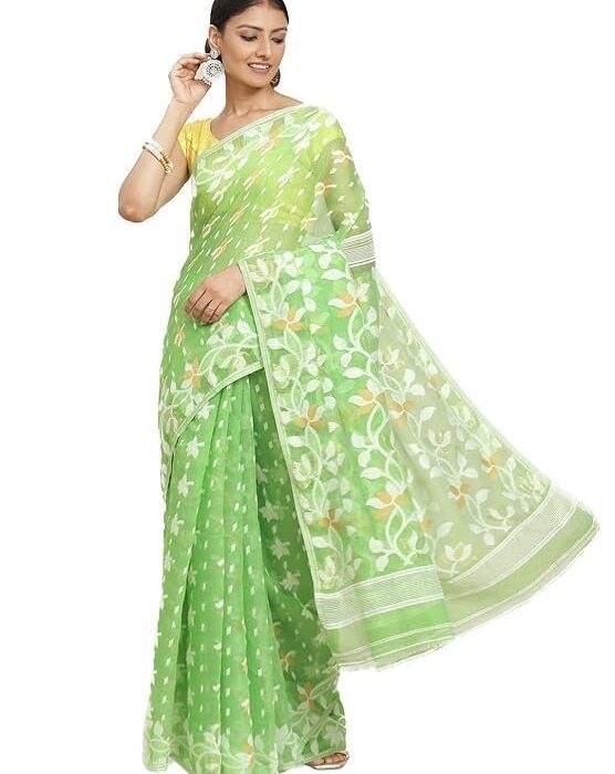 Green Floral Zari Pure Silk Jamdani Saree