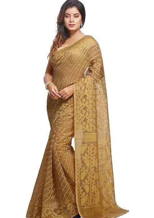 women’s soft cotton silk bengal dhakai jamdani saree in beige without blouse piece