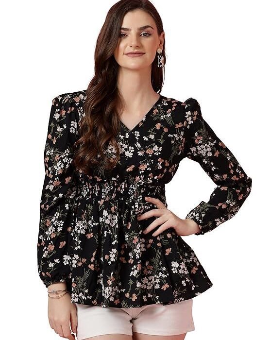Women's Casual Puff Sleeves Floral Print Peplum Top