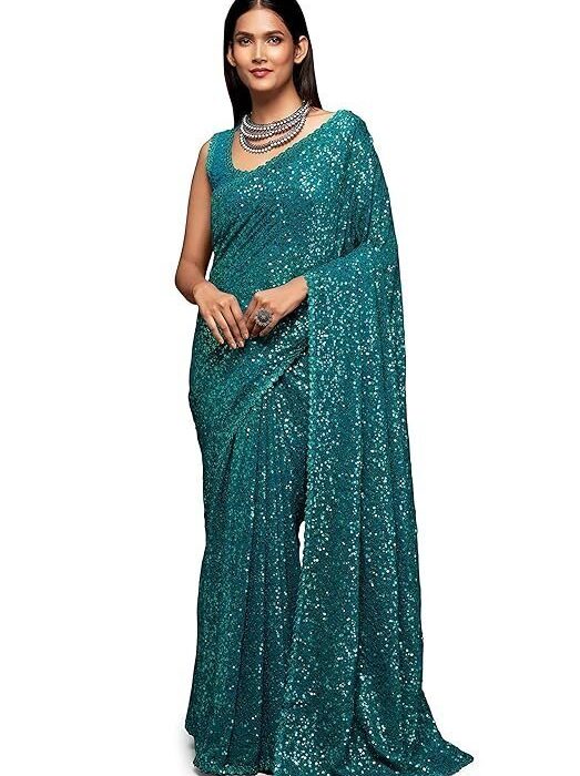 Women's Georgette Heavy Sequins Work Heavy Saree with Blouse
