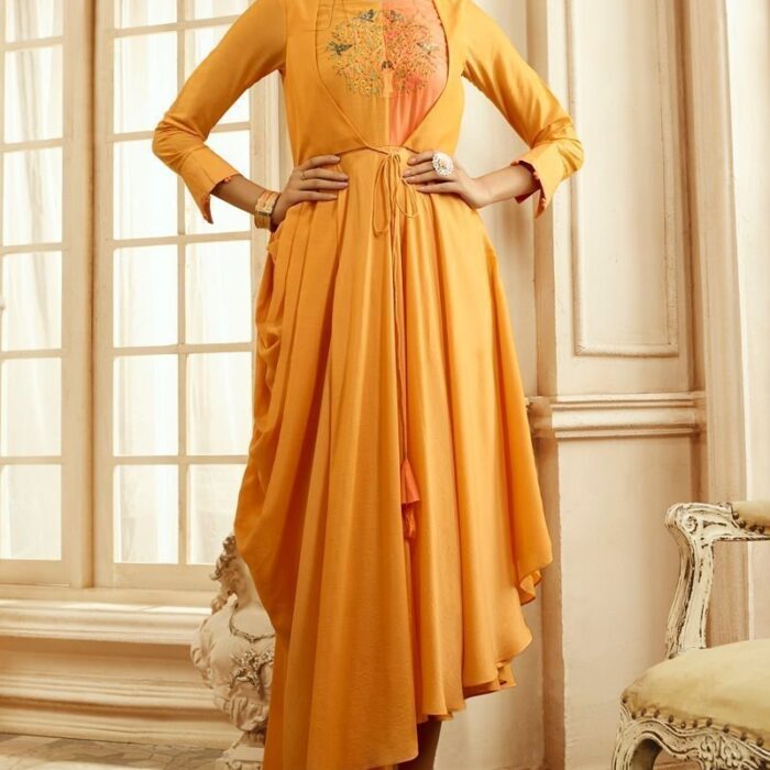 Rayon Cotton Gown Style Kurti in Neutral Yellow Color