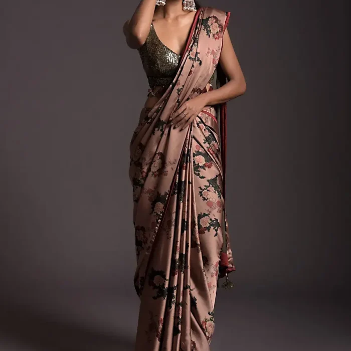 Peach Saree In Satin With Floral Print And Olive Sequins Embellished Crop Top