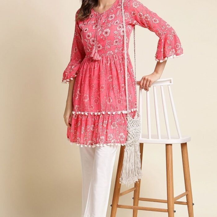 Tempting Cotton Fabric Pink Color Readymade Short Kurti With Printed Work