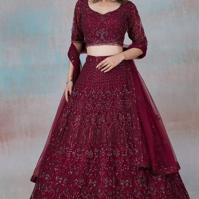 Biking Red Sequins Embroidered Net Sangeet Lehenga