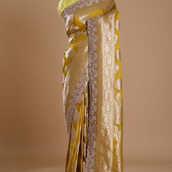 Antique Moss Yellow Gota Embroidered Banarasi Silk Saree