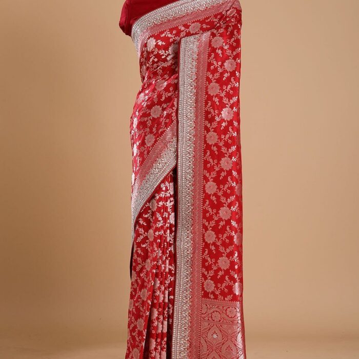 Crimson Red Sequins Embroidered Silk Saree