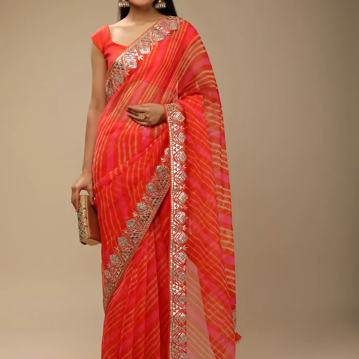 Orange And Fuchsia Dual Toned Saree In Organza With Lehariya Print And Gotta Patti Embroidered Geometric Floral Border