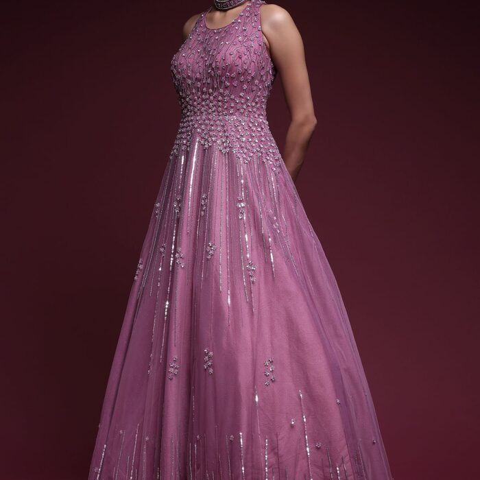 Mauve Stone Embroidered Net Evening Gown